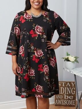 EMERY ROSE Black Red Floral Dress Sheer Panels 4X